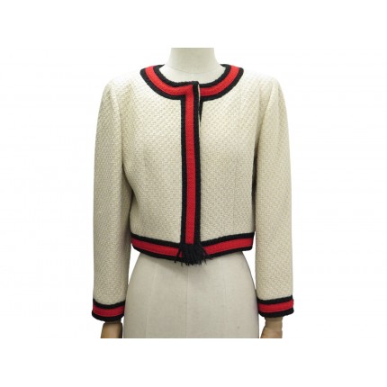 VESTE CHANEL SPENCER ECRU LISERE ROUGE EN TWEED LAINE 42 L 2001 LAGERFELD 9000€