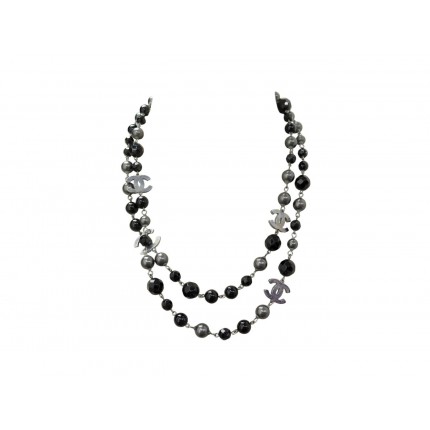 COLLIER CHANEL SAUTOIR PERLES NOIRES & LOGO C ARGENTE 115CM PEARL NECKLACE 1890€
