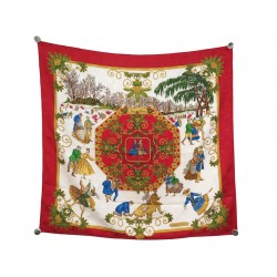 FOULARD HERMES JOIES D'HIVER METZ CARRE 90 SOIE ROUGE BROCHE JACQUARD SCARF 530€