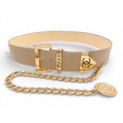 VINTAGE CEINTURE CHANEL LOGO CC CUIR & MEDAILLON CAMBON 75 METAL DORE BELT 1100€