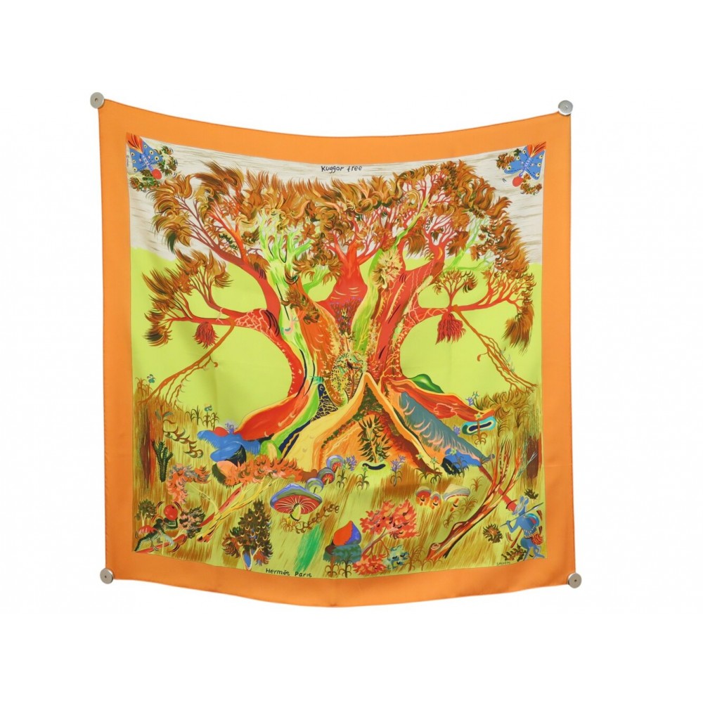 FOULARD HERMES KUGGOR TREE SEFDIN KWUMI CARRE 90 EN SOIE ORANGE SILK SCARF 580€