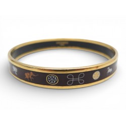 BRACELET HERMES EN EMAIL NOIRE FIN L PLAQUE OR ELEPHANTS MOTIF INDIEN BOITE 470€