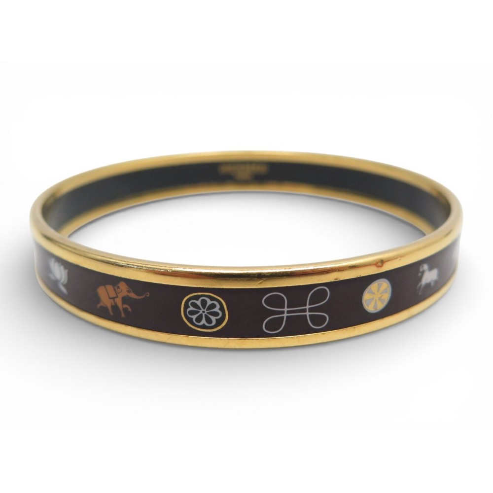 BRACELET HERMES EN EMAIL NOIRE FIN L PLAQUE OR ELEPHANTS MOTIF INDIEN BOITE 470€