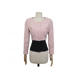 VINTAGE VESTE CHANEL TWEED ROSE ET SOIE NOIRE BOUTONS CC 36 S PINK JACKET 5500€