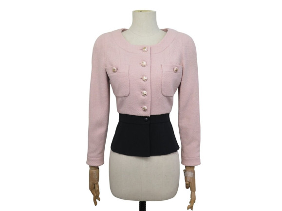  veste chanel tweed rose et soie noire boutons
