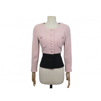 VINTAGE VESTE CHANEL TWEED ROSE ET SOIE NOIRE BOUTONS CC 36 S PINK JACKET 5500€