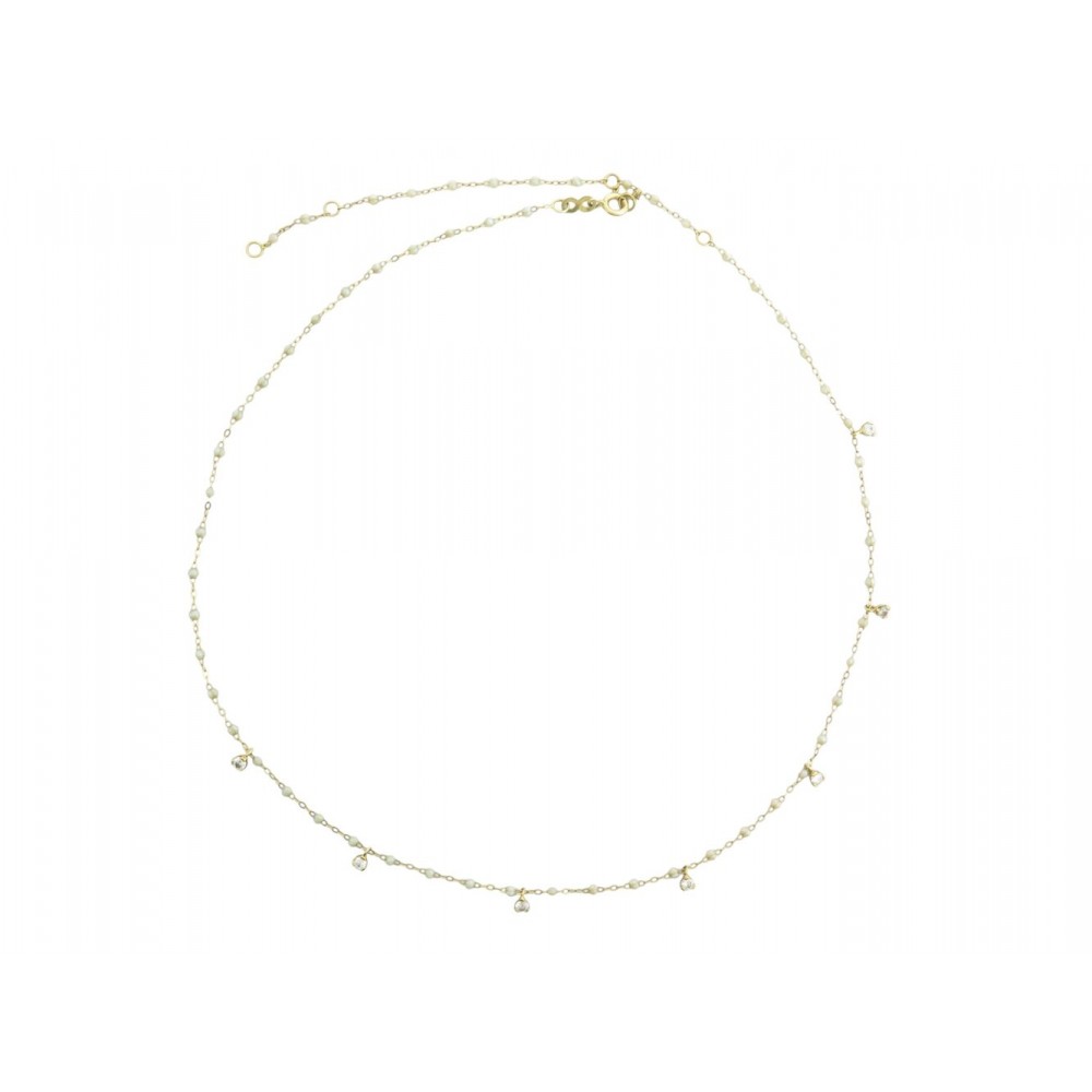 NEUF COLLIER GIGI CLOZEAU SUPREME OR JAUNE 7 DIAMANTS PERLES RESINE OPALE 1930€