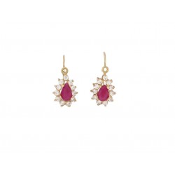 NEUF BOUCLES D'OREILLES DORMEUSES PIERRE ROUGE POIRE ET ZIRCONS EN OR 18K JAUNE