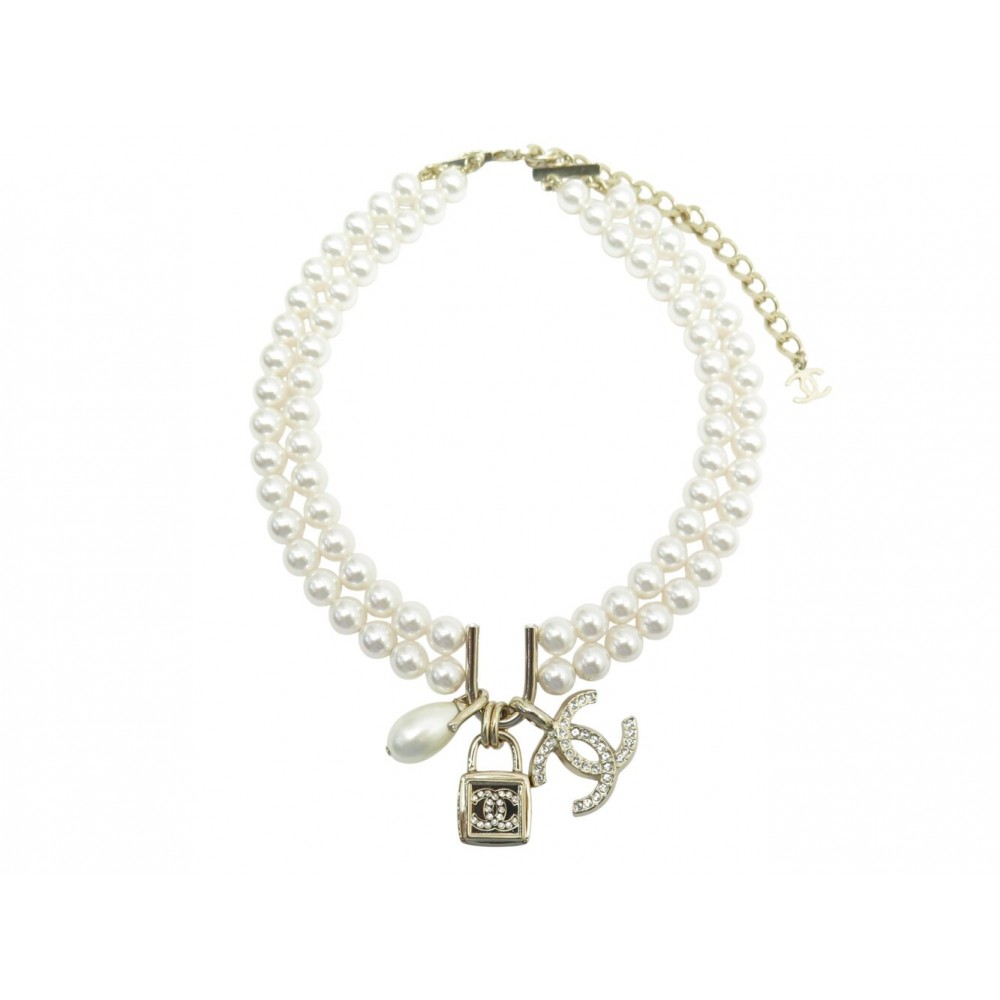 NEUF COLLIER CHANEL CHOKER CADENAS LOGO CC STRASS PERLES ABA470 NECKLACE 1600€