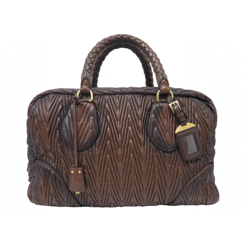 VINTAGE SAC A MAIN PRADA WEEKEND CUIR NAPPA PLISSE MARRON BROWN HAND BAG 4000€