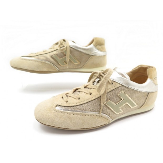 NEUF CHAUSSURES HOGAN OLYMPIA 36 BASKETS DAIM & TOILE BEIGE SNEAKERS SHOES 325€