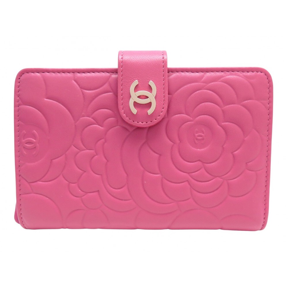 NEUF PORTEFEUILLE CHANEL A50087 CAMELIA EN CUIR ROSE LOGO CC + BOITE WALLET 990€