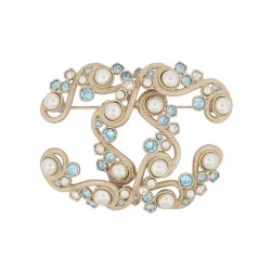 NEUF BROCHE CHANEL LOGO CC STRASS & PERLES EN METAL DORE NEW GOLDEN BROOCH 750€