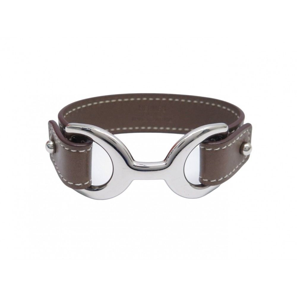 NEUF BRACELET HERMES PAVANE MORS EN CUIR SWIFT ETOUPE & BOUCLE PALLADIE NEW 550€