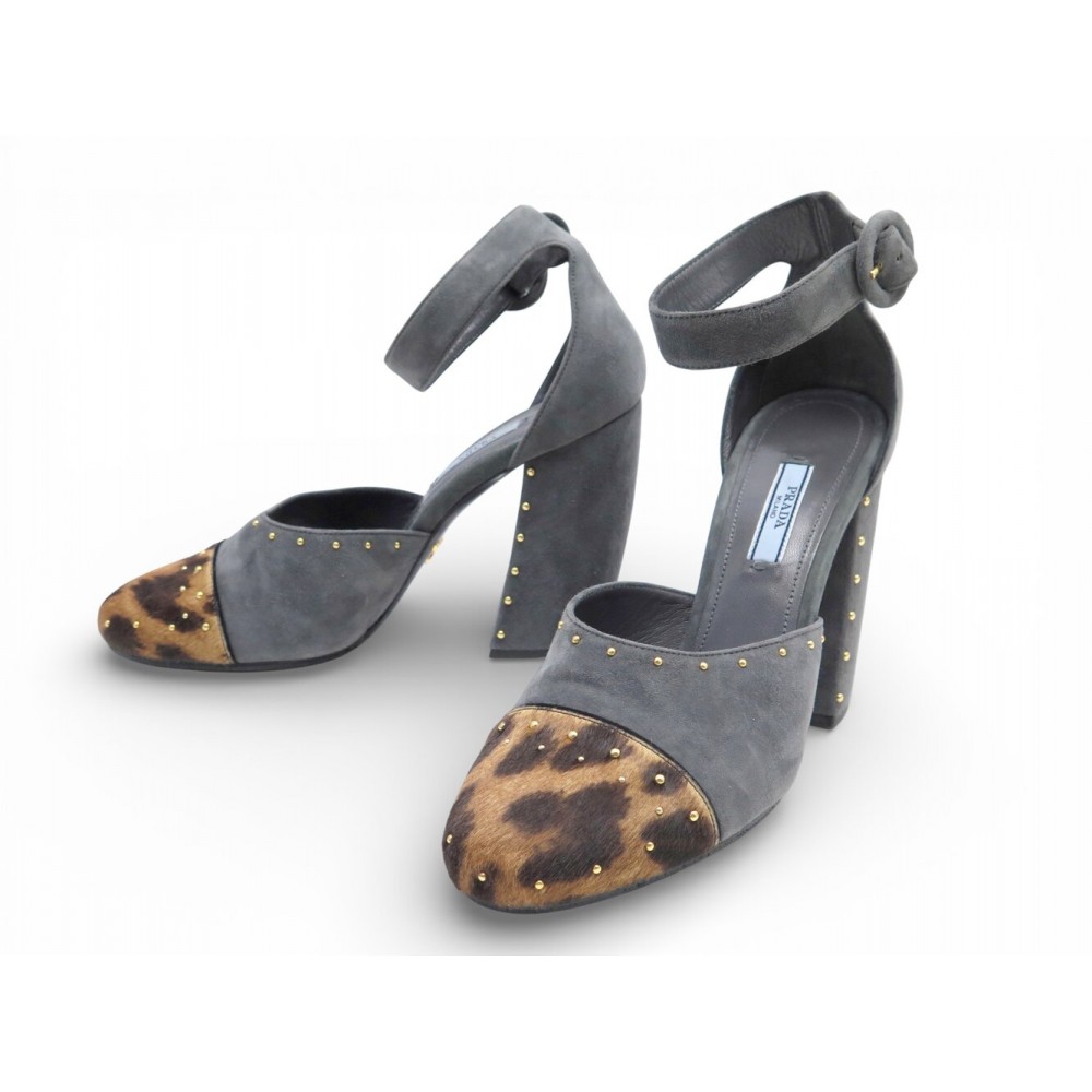 NEUF CHAUSSURES PRADA ESCARPINS A BRIDES 40 EN DAIM & POULAIN LEOPARD SHOES 980€