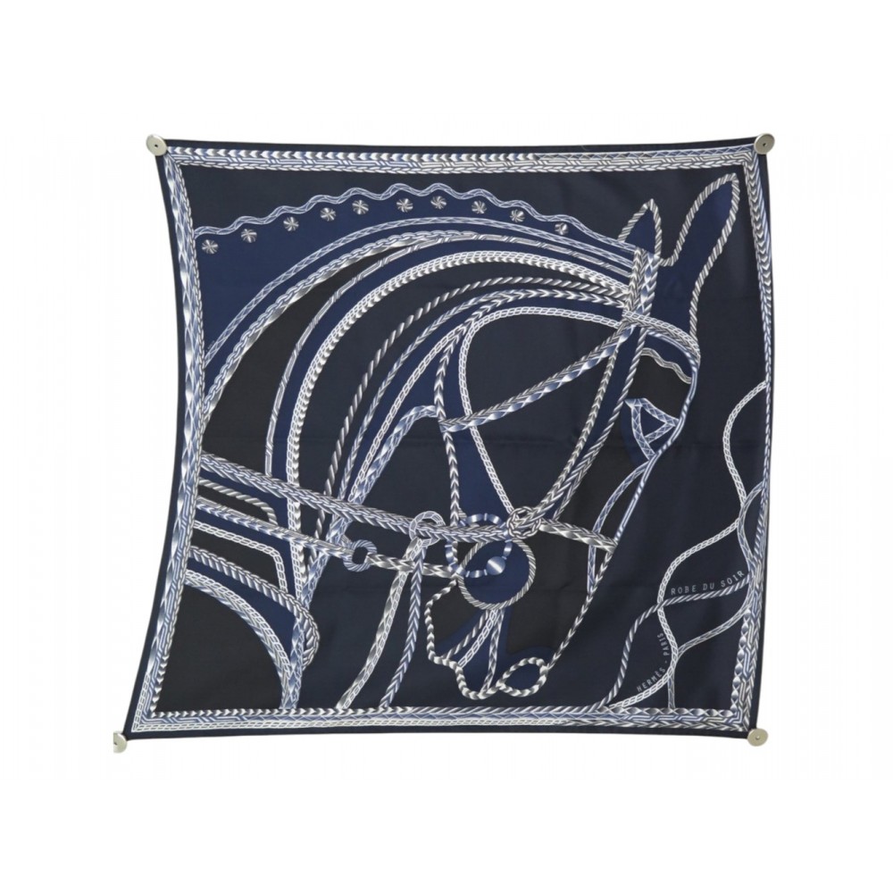 NEUF FOULARD HERMES ROBE DU SOIR MANLIK CARRE 90 EN SOIE BLEUE SILK SCARF 580€