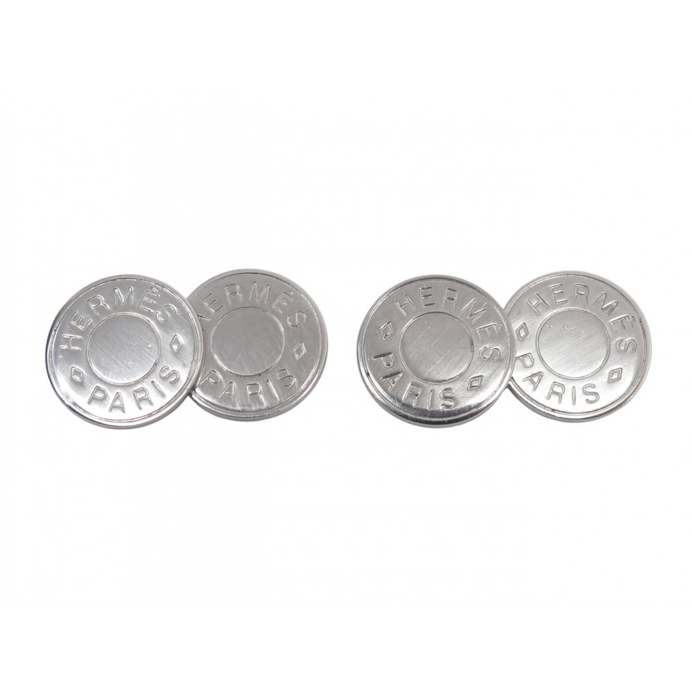 BOUTONS DE MANCHETTES HERMES CLOU DE SELLE EN METAL ARGENTE SILVER CUFFLINKS