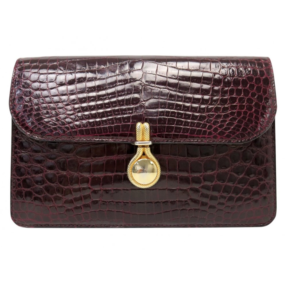 VINTAGE SAC A MAIN MORABITO POCHETTE ENVELOPPE CUIR DE CROCODILE BORDEAUX CLUTCH