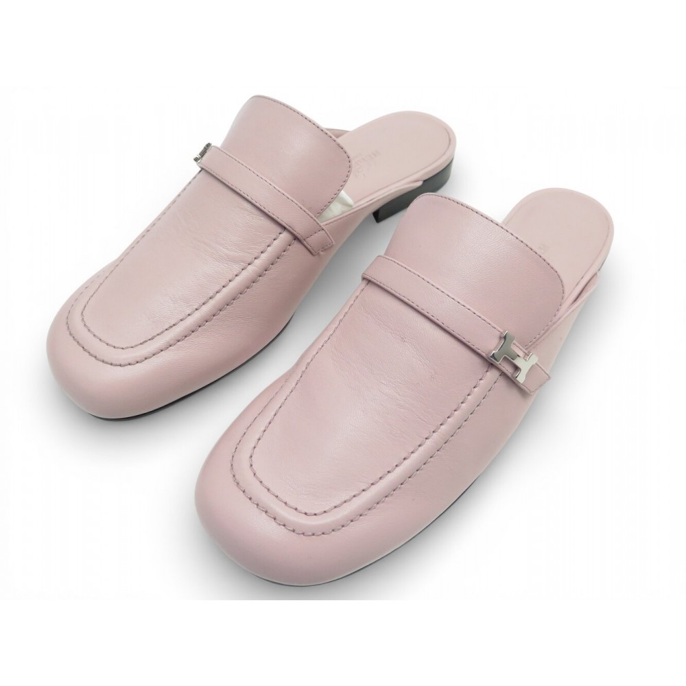 CHAUSSURES HERMES IENA H241037Z 39 MULES CUIR ROSE BOUCLE H + BOITE SHOES 1150€