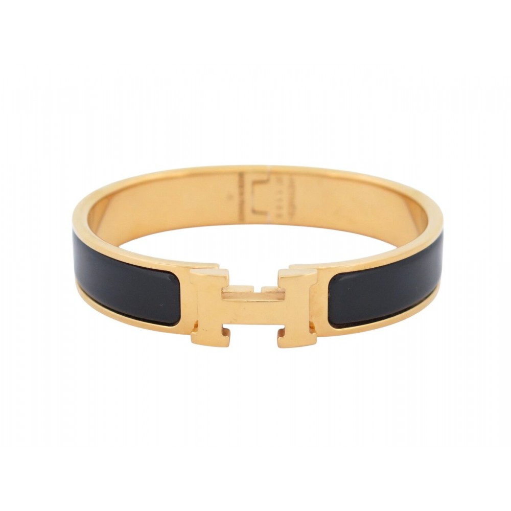 BRACELET HERMES CLIC HH H703203FM01 EN EMAIL NOIR METAL DORE BANGLE + BOITE 690€