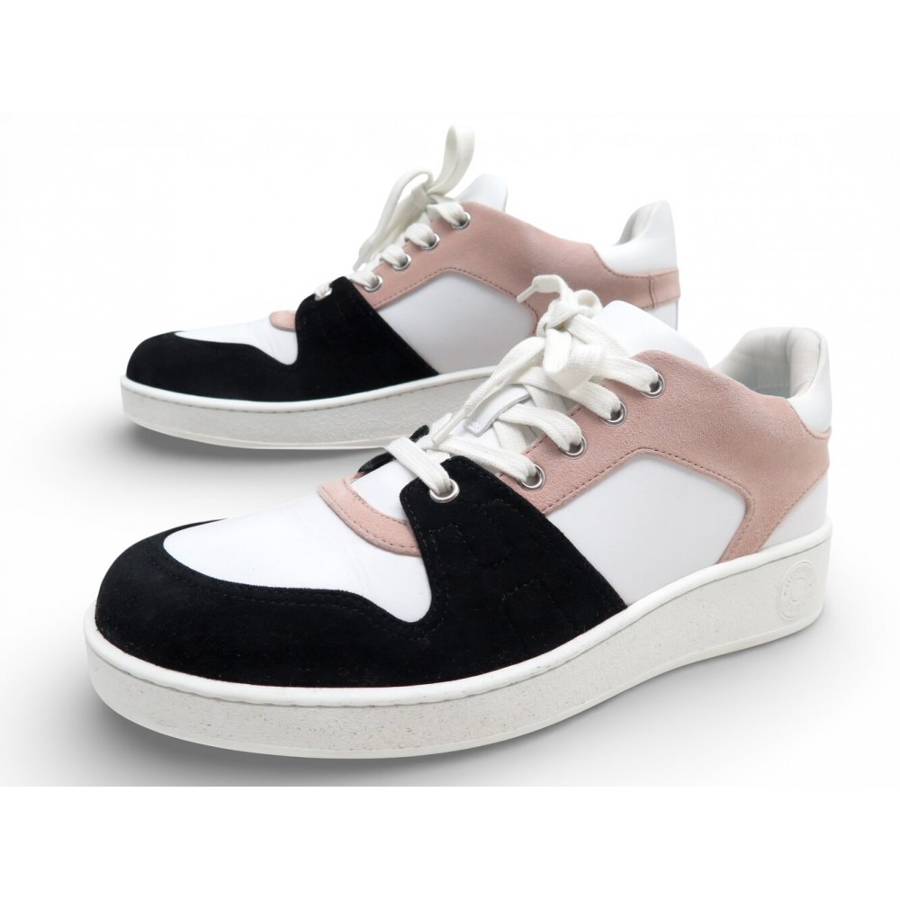 CHAUSSURES HERMES FREE BASKETS 39 DAIM CUIR ROSE BLANC H222166 SNEAKER SHOE 995€