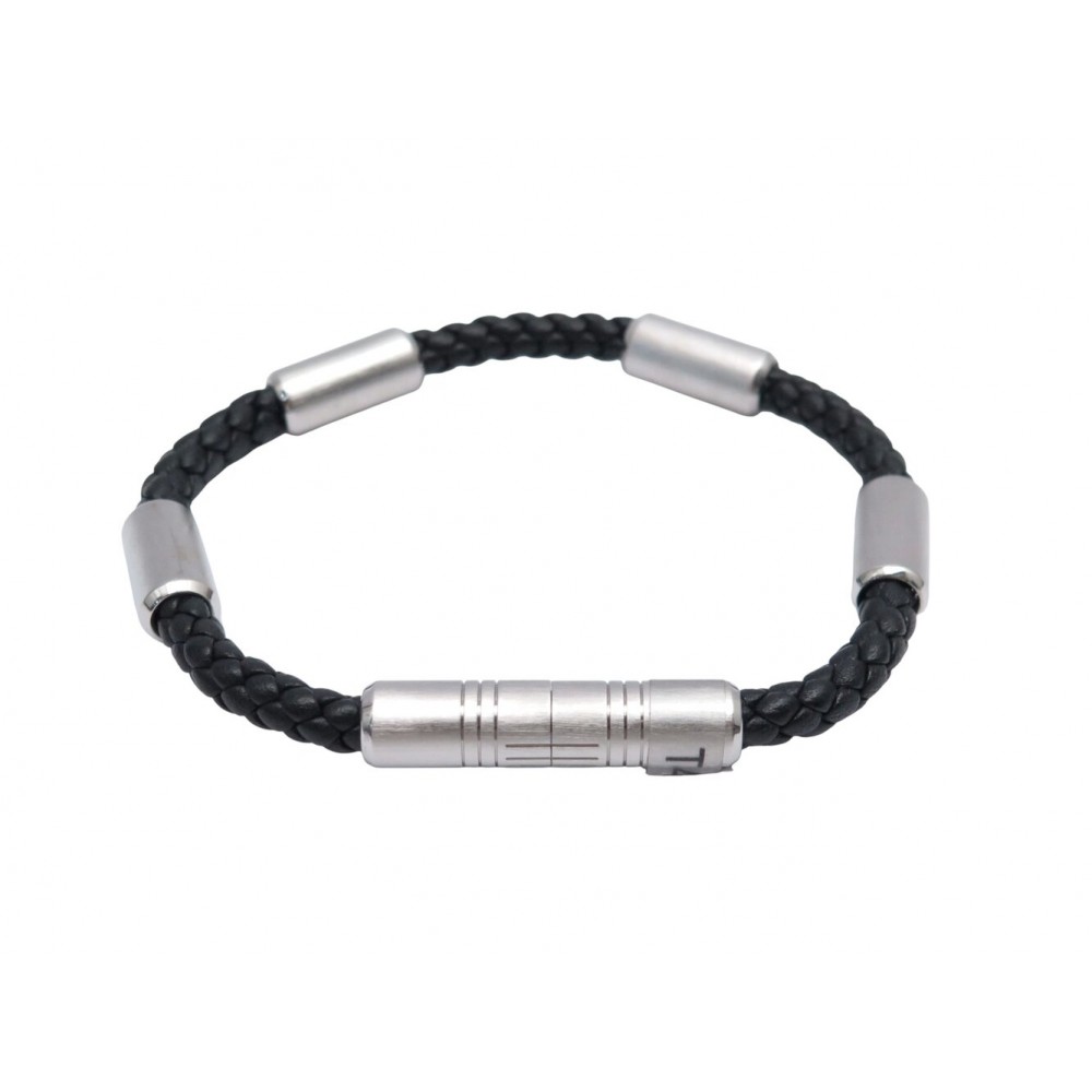 NEUF BRACELET HERMES TOTEM H077170FB89 T4 17CM ACIER CUIR TRESSE BANGLE 405€