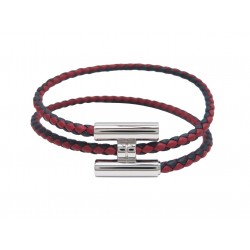 NEUF BRACELET HERMES TOURNIS H068407 18 CM CUIR TRESSE INDIGO GRENAT BANGLE 440€
