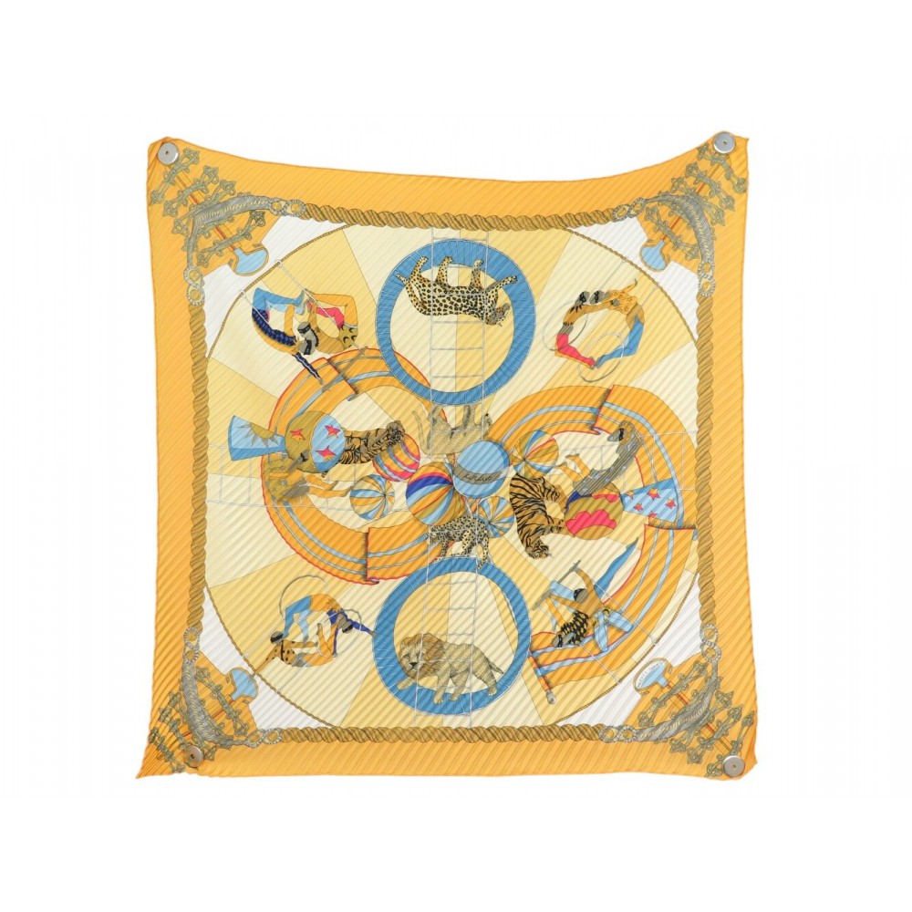 FOULARD HERMES CIRCUS ANNIE FAIVRE CARRE 90 PLISSE EN SOIE JAUNE SILK SCARF 580€