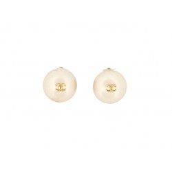 VINTAGE BOUCLES D'OREILLES CHANEL PUCES PERLES LOGO CC 1993 DORE EARRINGS 530€