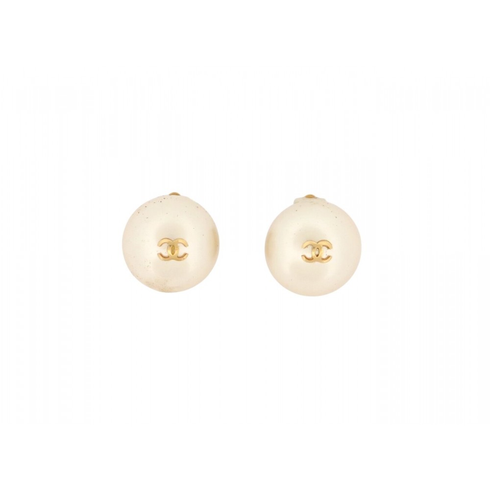 VINTAGE BOUCLES D'OREILLES CHANEL PUCES PERLES LOGO CC 1993 DORE EARRINGS 530€