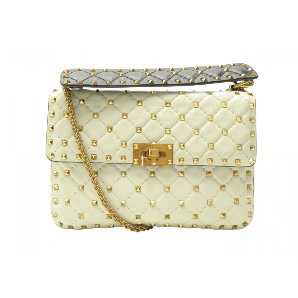 SAC A MAIN VALENTINO ROCKSTUD SPIKE MEDIUM EN CUIR ECRU BANDOULIERE BAG 2600€