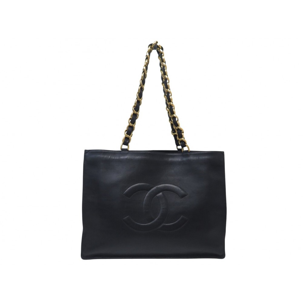 VINTAGE SAC A MAIN CHANEL GRAND SHOPPING LOGO CC CABAS CUIR NOIR TOTE BAG 6500€
