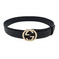 CEINTURE GUCCI BOUCLE GG ENTRELACE 370543 T75 EN CUIR MONOGRAMME NOIR BELT 495€
