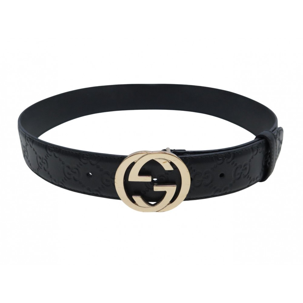 CEINTURE GUCCI BOUCLE GG ENTRELACE 370543 T75 EN CUIR MONOGRAMME NOIR BELT 495€