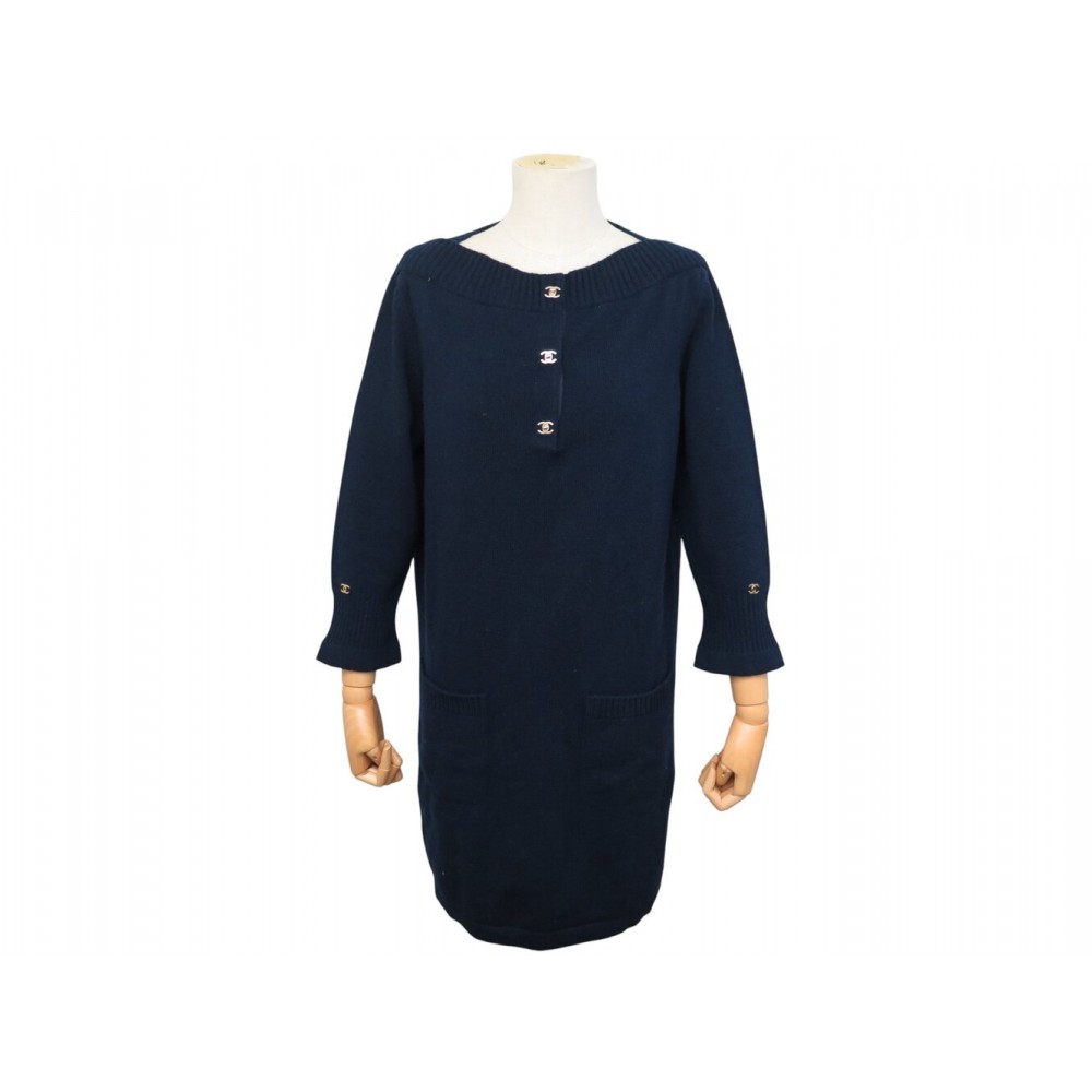 NEUF ROBE PULL CHANEL BOUTONS TIMELESS LOGO CC P44445 42 L CACHEMIRE DRESS 5300€