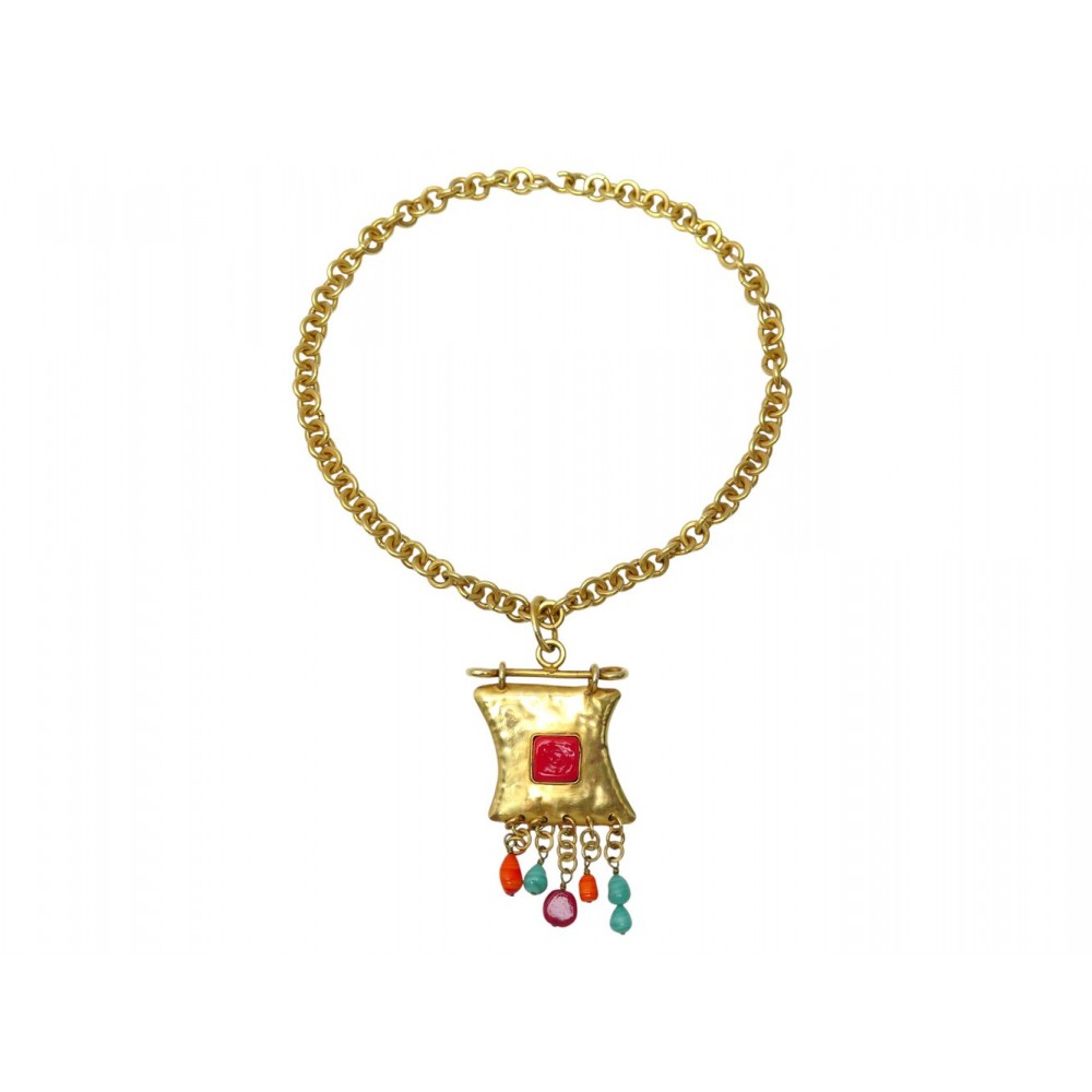 VINTAGE COLLIER CHRISTIAN LACROIX PENDENTIF BRELOQUES PIERRES PAMPILLE NECKLACE