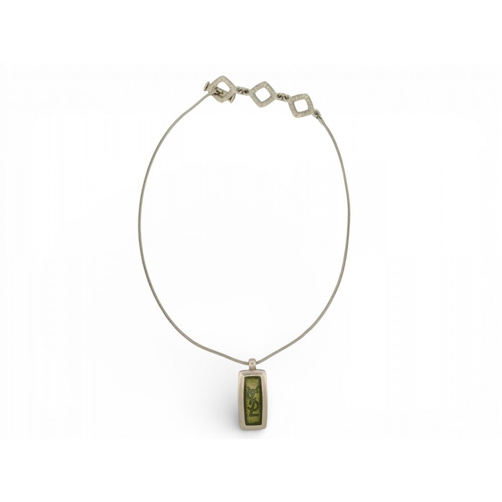 VINTAGE COLLIER YVES SAINT LAURENT PENDENTIF RECTANGLE YSL 40CM ARGENTE NECKLACE