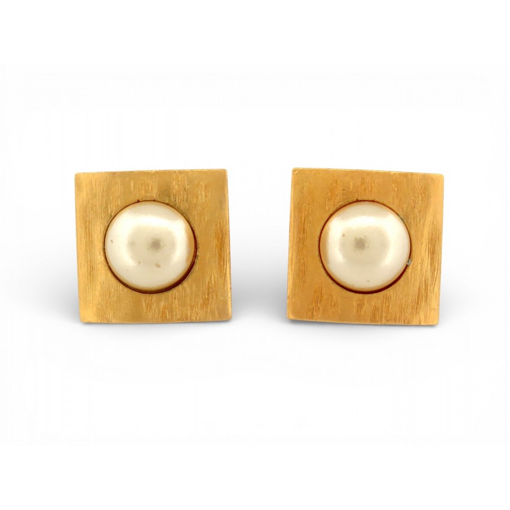 VINTAGE BOUCLES D OREILLES YVES SAINT LAURENT CARREES PERLES METAL DORE EARRINGS