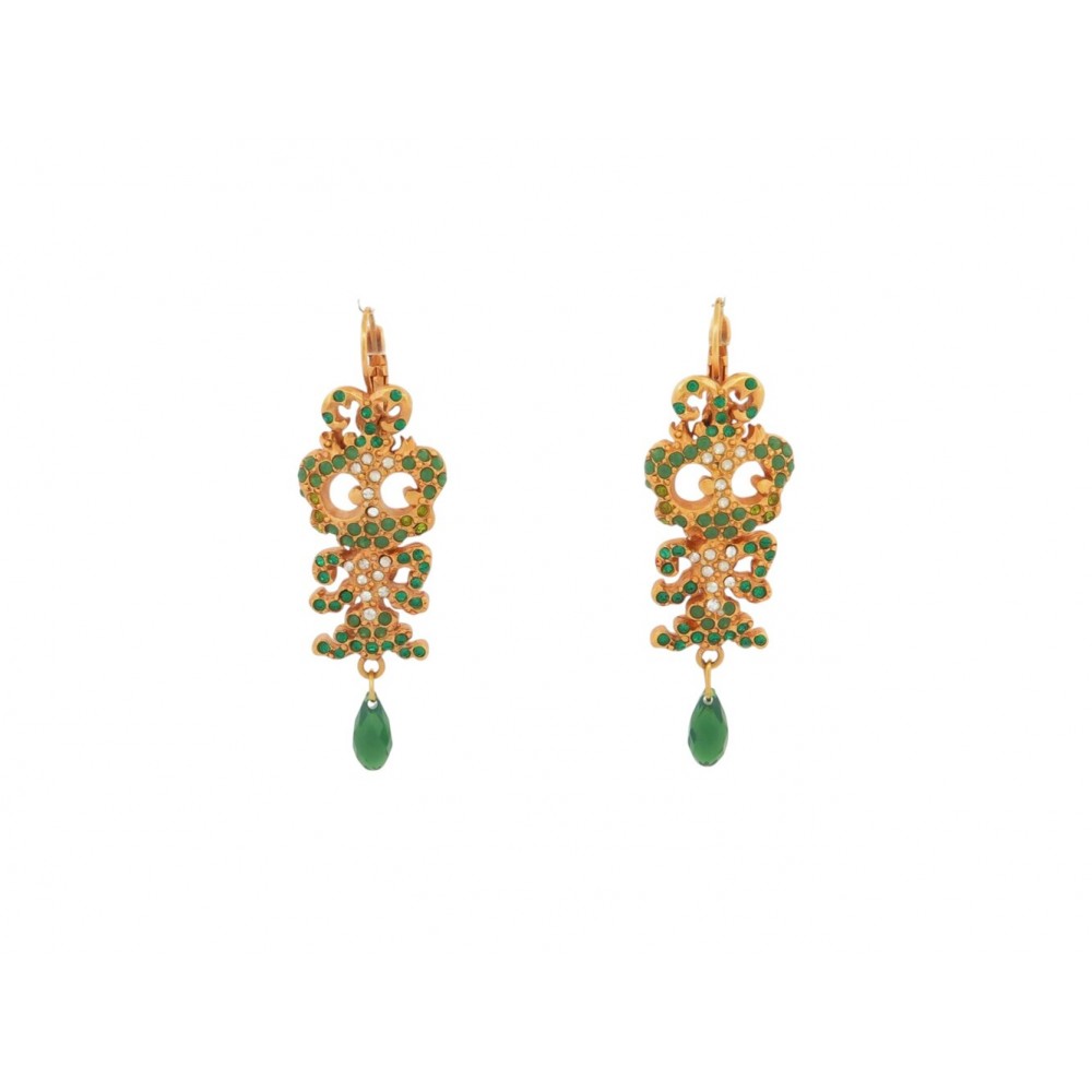 NEUF VINTAGE BOUCLES D'OREILLES CHRISTIAN LACROIX PENDANTES PIERRES VERTES DORE