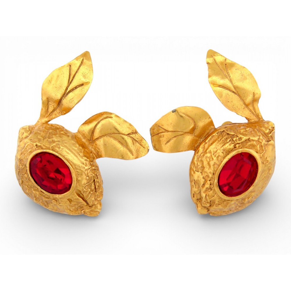 VINTAGE BOUCLES D'OREILLES CHRISTIAN LACROIX 1990 FEUILLES & PIERRES EARRINGS