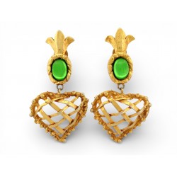 VINTAGE BOUCLES D'OREILLES CHRISTIAN LACROIX PENDANTES COEUR PIERRES VERTES DORE