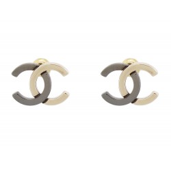 NEUF BOUCLES D'OREILLES CHANEL LOGO CC BICOLORE MINI PUCES NOIR OR EARRINGS 600€