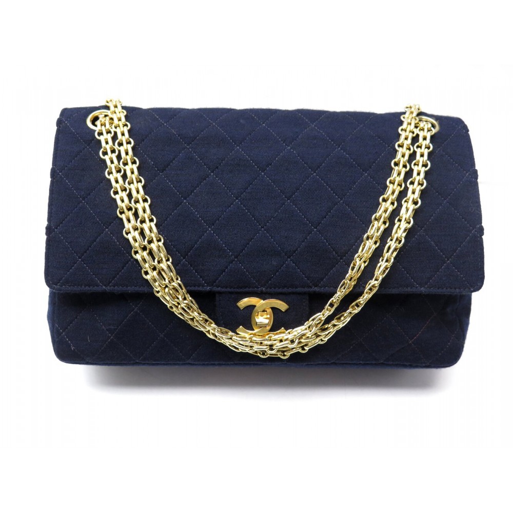 VINTAGE SAC A MAIN CHANEL TIMELESS EN TOILE JERSEY MATELASSE BLEU HAND BAG 9700€