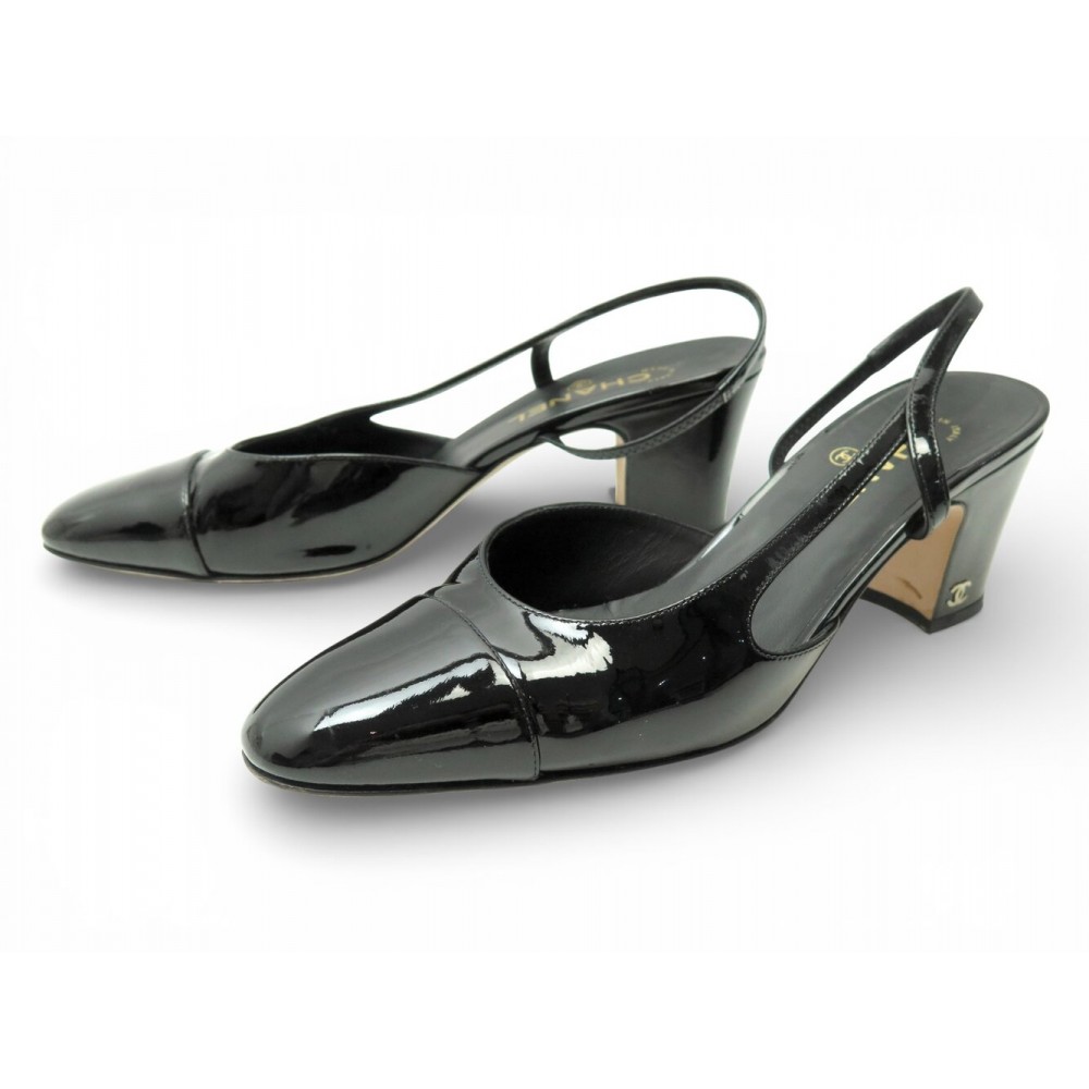 CHAUSSURES CHANEL ESCARPINS SLINGBACKS G31318 40.5 EN CUIR VERNIS NOIR 1060€