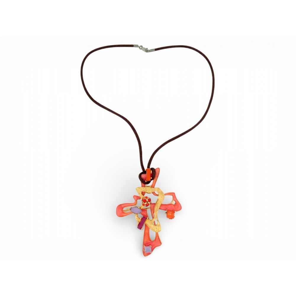 VINTAGE COLLIER CHRISTIAN LACROIX PENDENTIF BROCHE CROIX METAL NECKLACE BROOCH