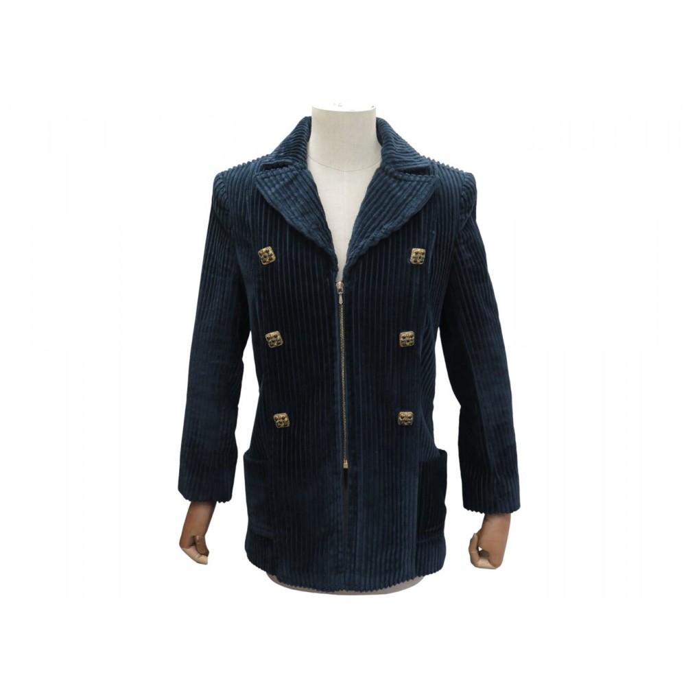 VESTE CHANEL ZIPEE BOUTONS GRIPOIX P41564 M 38 VELOURS COTELE BLEU JACKET 7000€