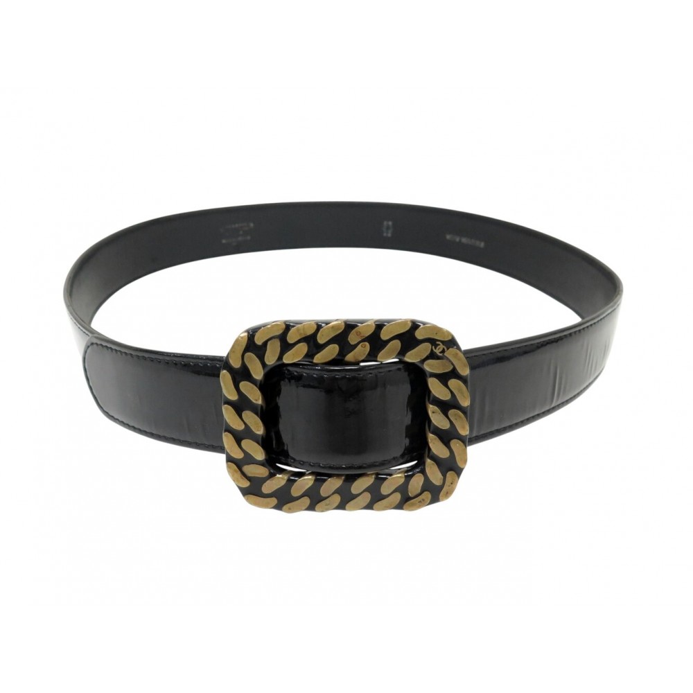 VINTAGE CEINTURE CHANEL BOUCLES RESINE MOTIF CHAINE T80 EN CUIR VERNIS NOIR BELT