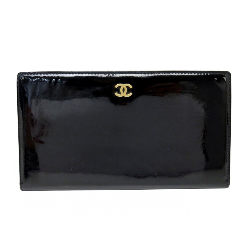 VINTAGE PORTEFEUILLE CHANEL LONG LOGO CC CUIR VERNIS NOIR LEATHER WALLET 1100€