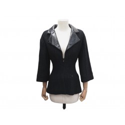 NEUF VESTE CHANEL CINTREE ZIP COL CUIR P50250 S 36 TWEED NOIR LAINE JACKET 6000€