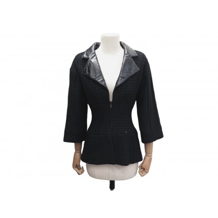 NEUF VESTE CHANEL CINTREE ZIP COL CUIR P50250 S 36 TWEED NOIR LAINE JACKET 6000€